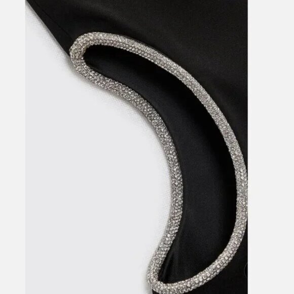 Zara One Shoulder Rhinestone Side Cutout Midi Dress Black Size Small - Picture 3 of 9
